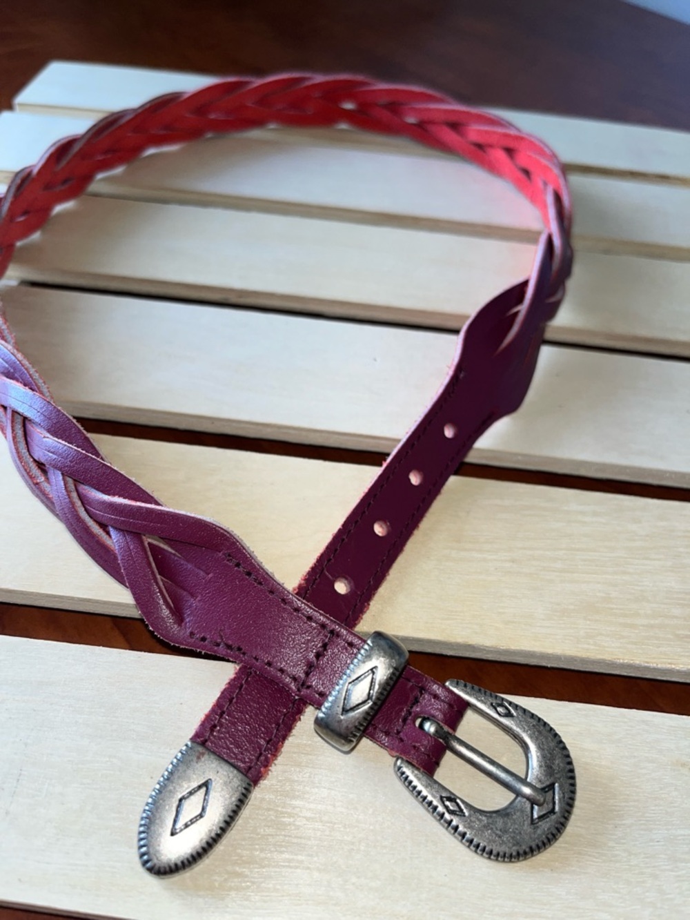Braided Leather Reddish Pink Burgundy Western Style Silver Tone Metal Buckle